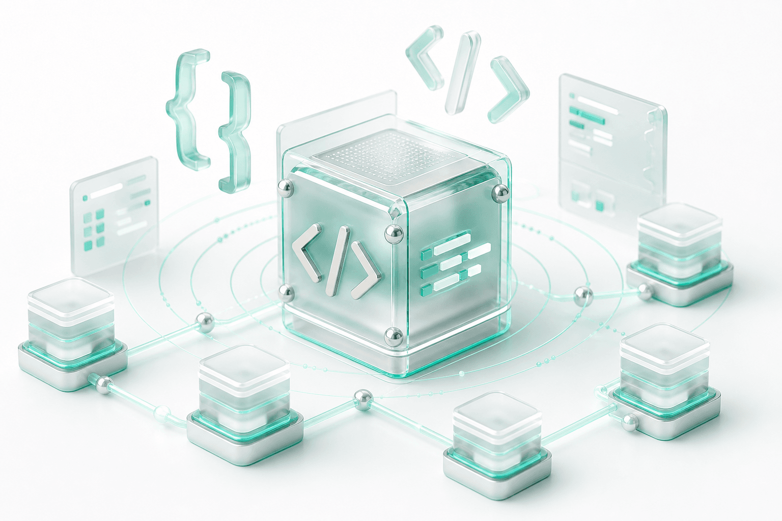3D illustration of an API gateway, webhook signals, and ledger nodes