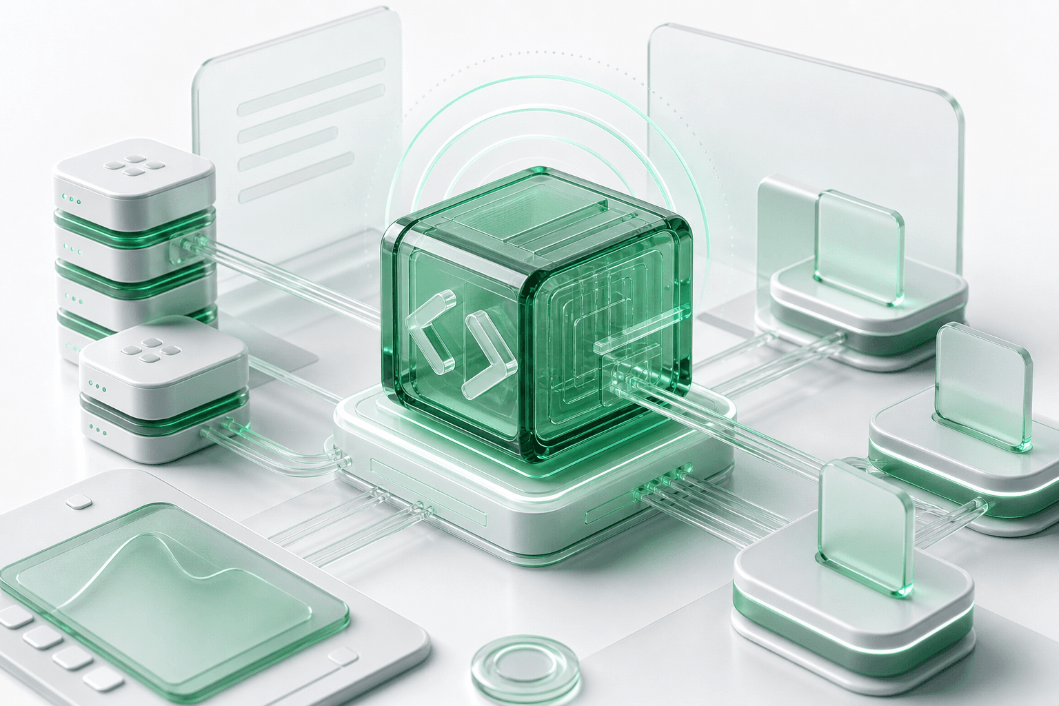 3D illustration of an API gateway, webhook signals, and ledger nodes