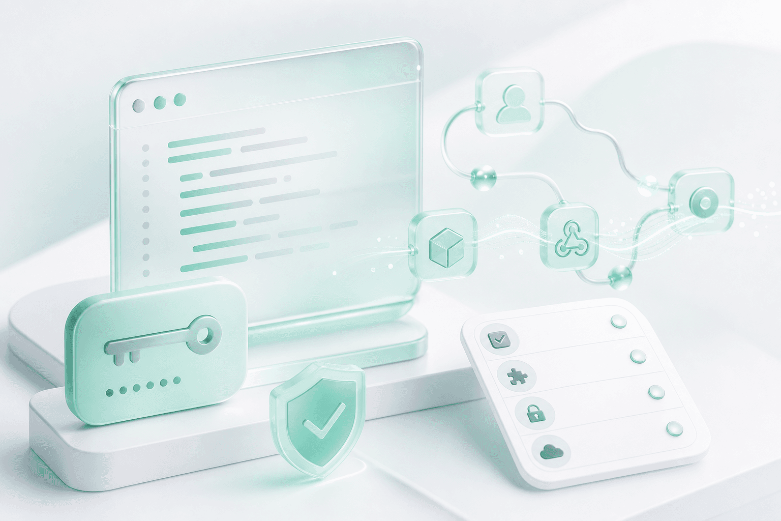 3D illustration of sandbox docs, API keys, and webhook integration panels