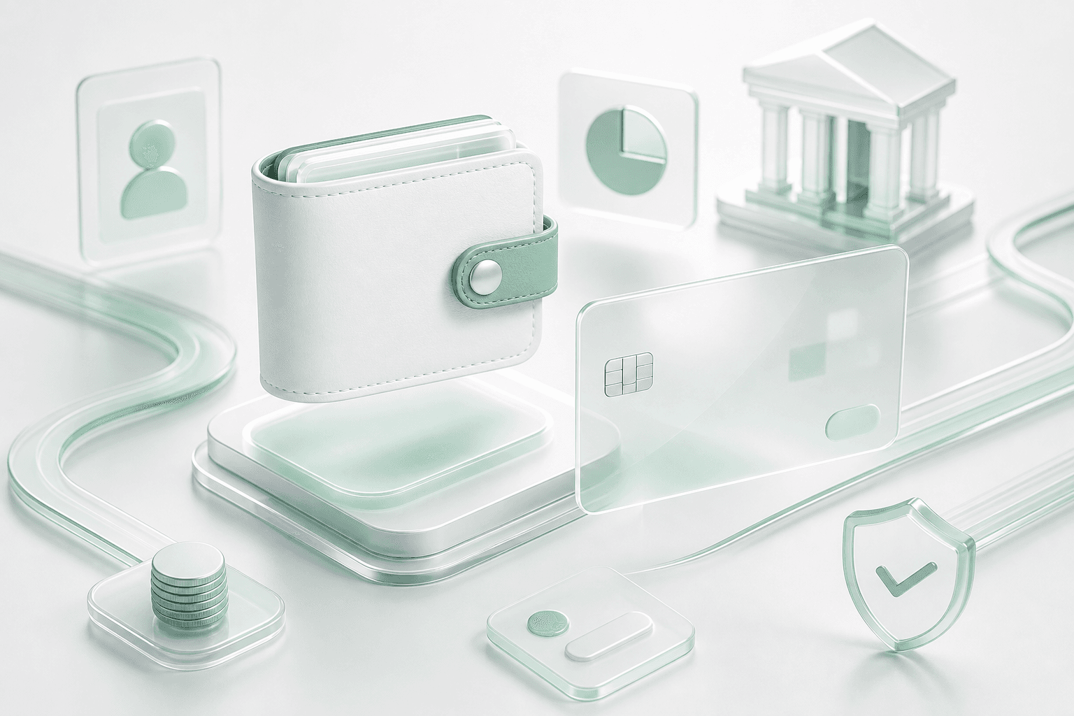 3D illustration of an agent wallet, virtual card, and bank funding rails