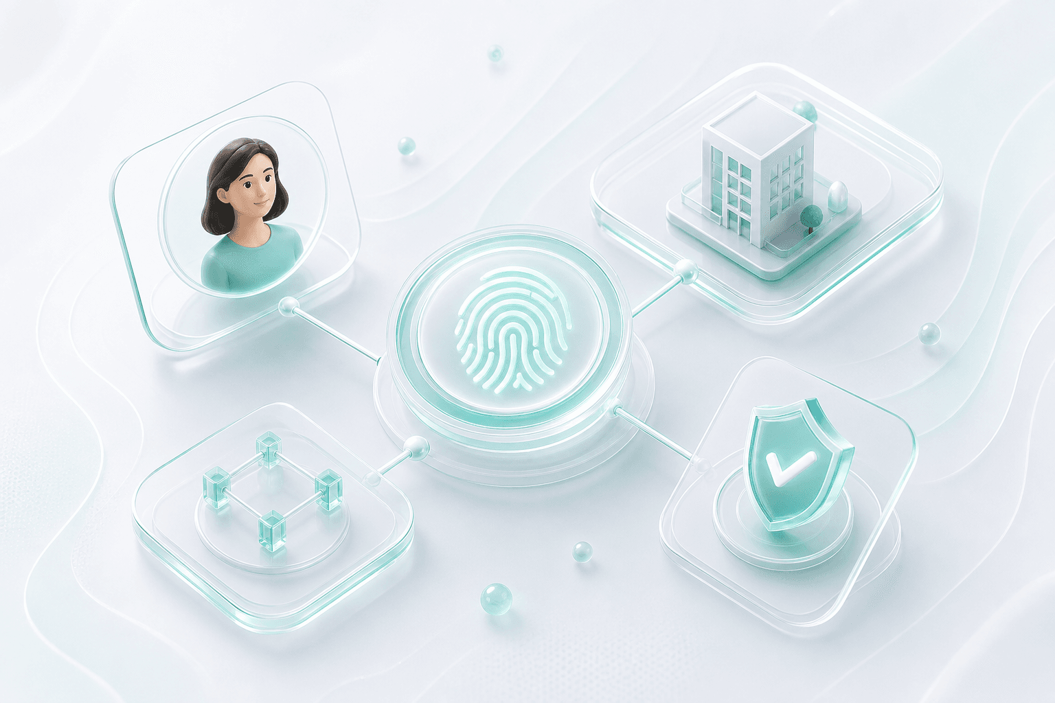 3D illustration of a verified agent identity graph connected to owner and business nodes