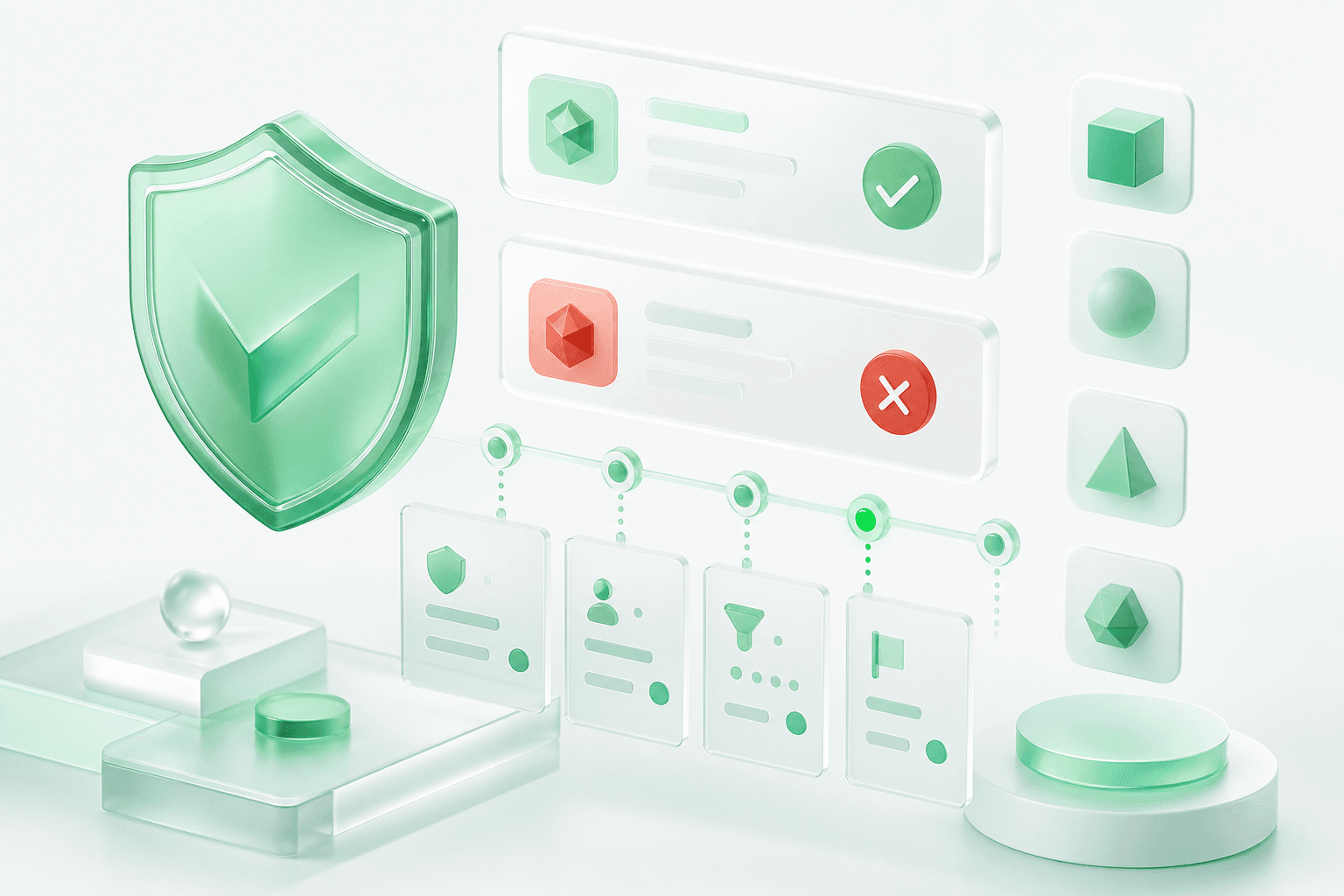 3D illustration of approved and blocked transaction decision logs with a policy shield